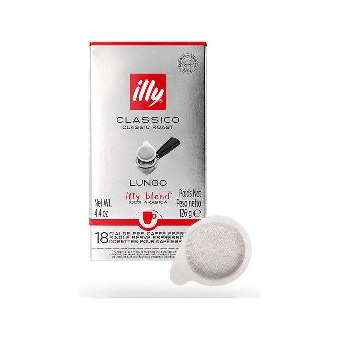 Illy cialde caffe' lungo classico E.S.E., tostatura media, gusto cioccolato e caramello, intensita' 5, 18 pz