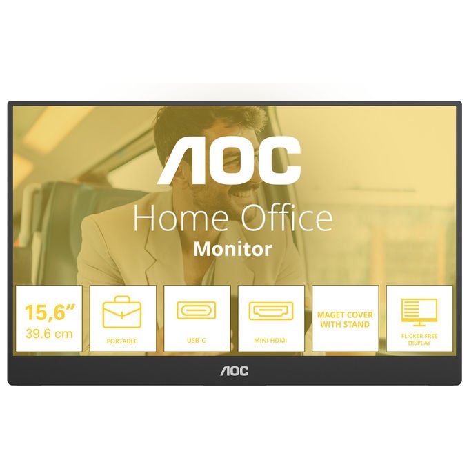 AOC monitor portatile 15,6 pollici Full HD IPS, 16T20E2, USB-C, Mini HDMI, touchscreen, nero