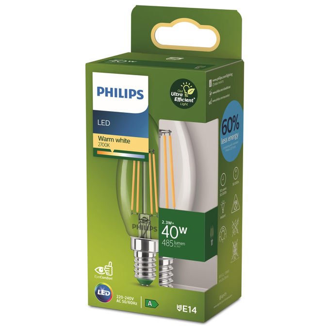 Philips lampadina LED candela E14, classe A, 2,3W equivalente 40W, luce bianco caldo 2700K, 485 lumen, forma B35 chiara