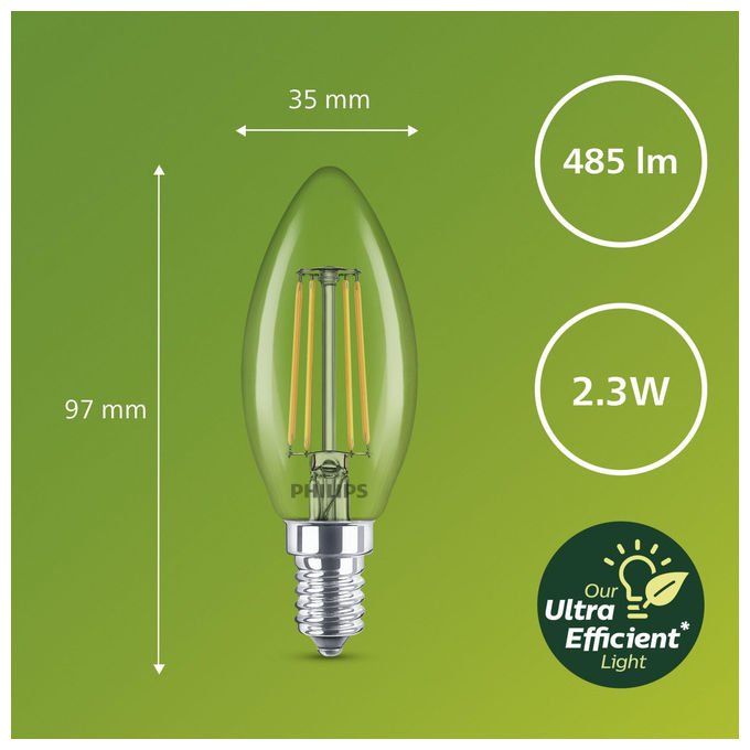 Philips lampadina LED candela E14, classe A, 2,3W equivalente 40W, luce bianco caldo 2700K, 485 lumen, forma B35 chiara