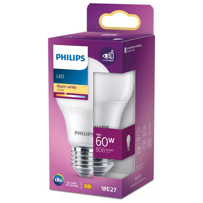 Philips lampadina LED, attacco E27, 7W equivalente 60W, luce bianca calda 2700K, 806 lm, forma A60, durata 15000h