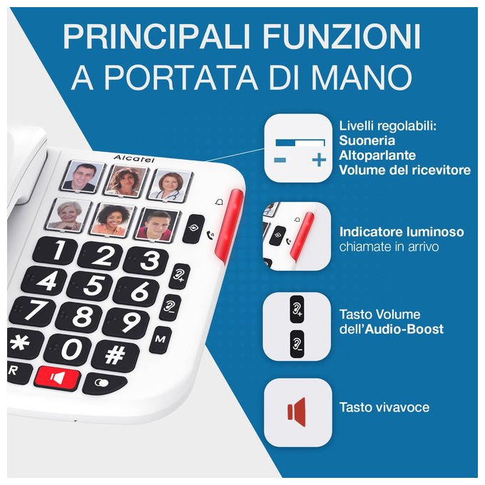 Alcatel TMAX 10+, telefono fisso con filo per anziani, tasti grandi, vivavoce, audio boost, tasti con foto, suoneria forte, compatibile apparecchi acustici