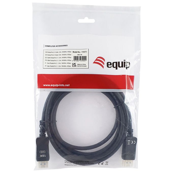 Equip 119274, cavo DisplayPort 2.1, 5 m, risoluzione 8K 15360x8640, 240 Hz, 40 Gbps, HDR, MST, contatti dorati, nero