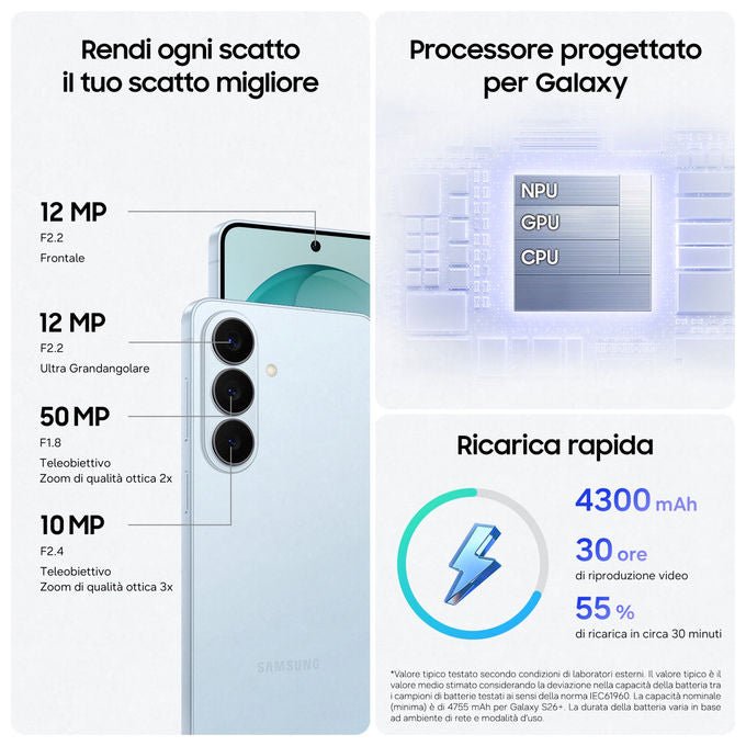 Samsung Galaxy S26 smartphone, 6.3 pollici, Exynos 2600, tripla camera 50 MP, 12 GB RAM, 512 GB, 5G, batteria 4300 mAh, Sky Blue