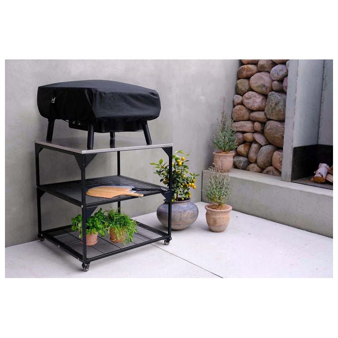 Witt tavolo da pizza XL con ruote, piano in acciaio inossidabile, struttura nera, 80x80x90 cm, 2 ripiani
