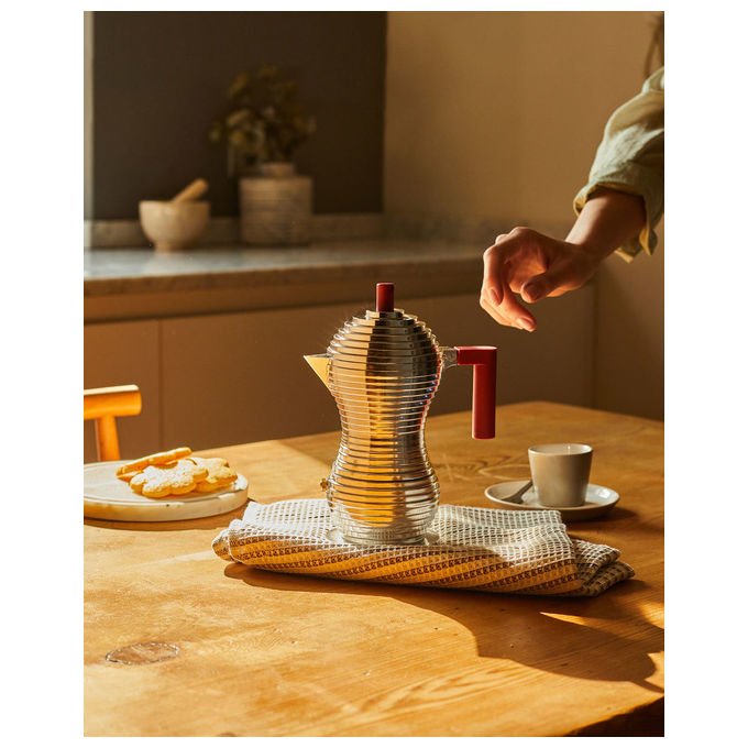 Alessi Pulcina caffettiera moka 3 tazze, MDL02-3 R, alluminio rosso, beccuccio antigoccia, made in Italy