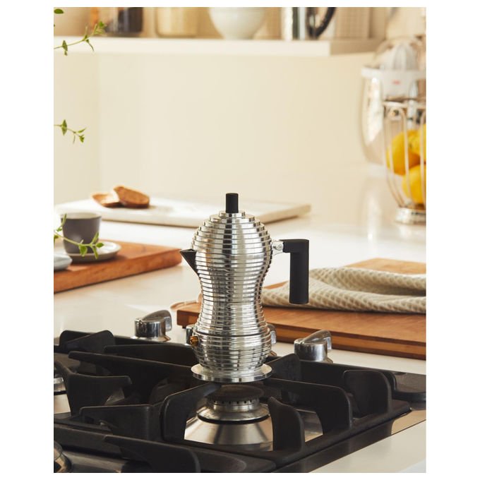 Alessi Pulcina caffettiera moka espresso per induzione, 3 tazze, alluminio, manico in PA, nera, MDL02-3BFM