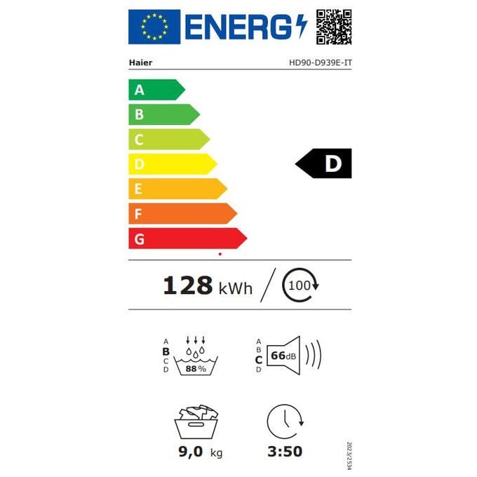 Haier asciugatrice a pompa di calore 9 kg, classe d, i-refresh pro, cestello scarpe, iot app hon, bianca, hd90-d939-it