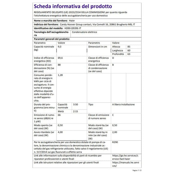 Haier asciugatrice a pompa di calore 9 kg, classe d, i-refresh pro, cestello scarpe, iot app hon, bianca, hd90-d939-it