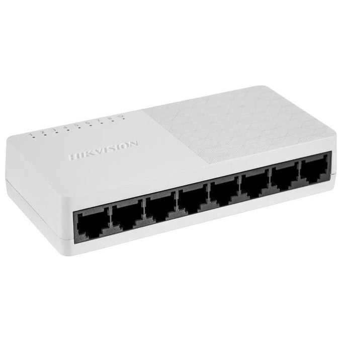 Hikvision DS-3E0108D-O switch di rete desktop, 8 porte Fast Ethernet 10-100 Mbps, Plug and Play, montabile a parete, nero e bianco