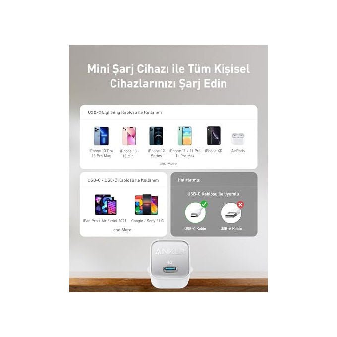 Anker 511 Nano 3 caricabatterie USB-C 30W, GaN, ricarica rapida, compatto, 1 porta, bianco, compatibile smartphone tablet MacBook