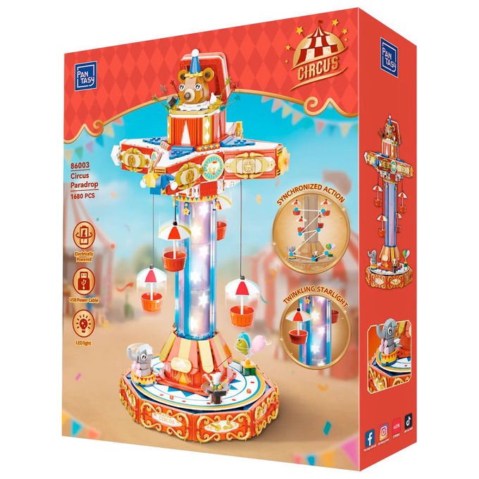 Pantasy 86003, giostra dei paracaduti del circo, 1680 pezzi, luci LED, motore Type-C, mattoncini costruzione
