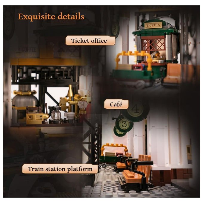 Pantasy stazione ferroviaria steampunk set costruzioni mattoncini 2723 pezzi per adulti e bambini dai 6 anni