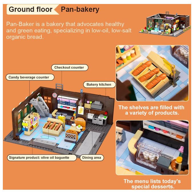 Pantasy set costruzioni panificio edificio modulare 4 piani 1663 pezzi eta' 14+ bakery building