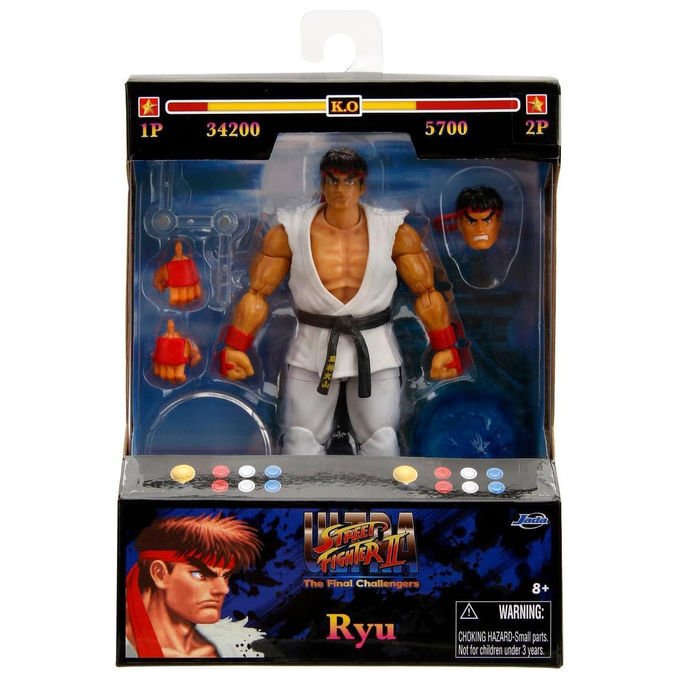 Jada Toys action figure Ryu Street Fighter II, 15 cm, 25 punti articolazione, testa e mani intercambiabili, collezionabile