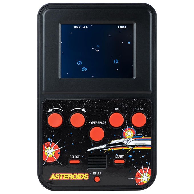 Fizz Creations, console portatile Asteroids, schermo LCD a colori, gioco arcade retro, grafica originale, effetti sonori