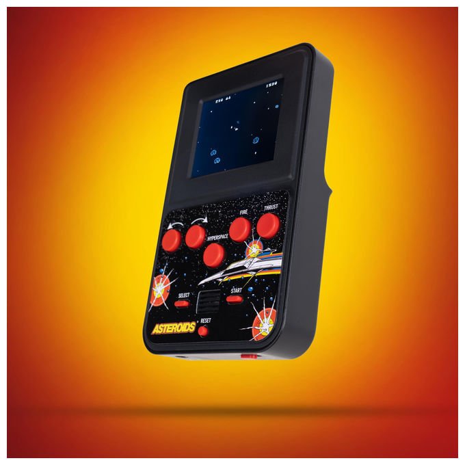 Fizz Creations, console portatile Asteroids, schermo LCD a colori, gioco arcade retro, grafica originale, effetti sonori
