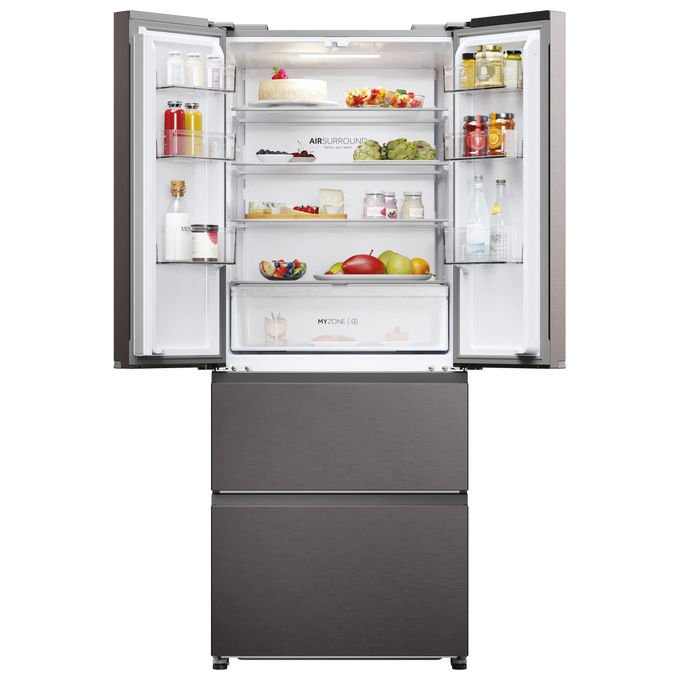 Haier frigorifero french door HFR3718ENMD, 402 L, no frost, multi-airflow, zona fresca, 4 porte, classe E, acciaio inox