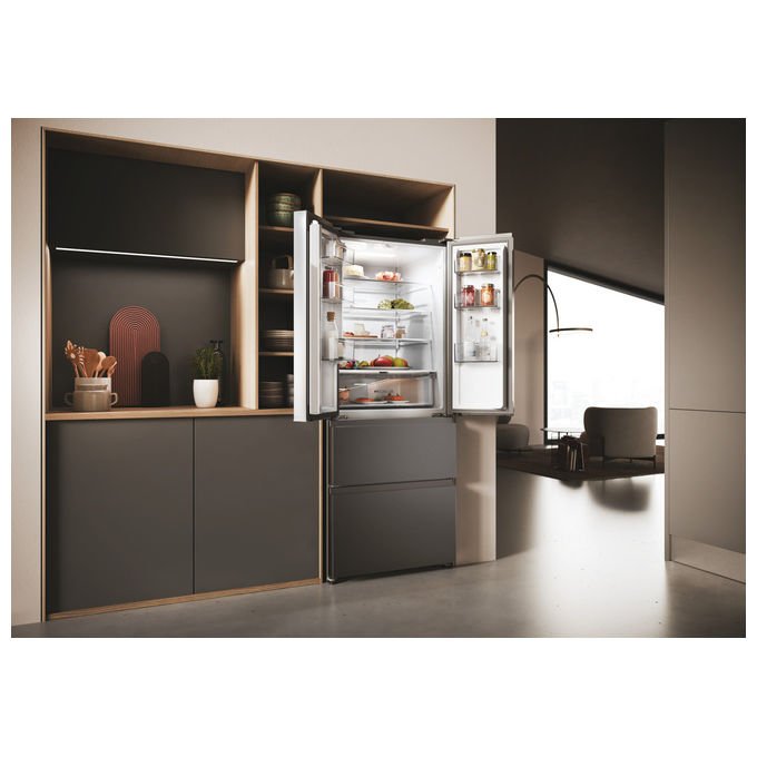 Haier frigorifero french door HFR3718ENMD, 402 L, no frost, multi-airflow, zona fresca, 4 porte, classe E, acciaio inox