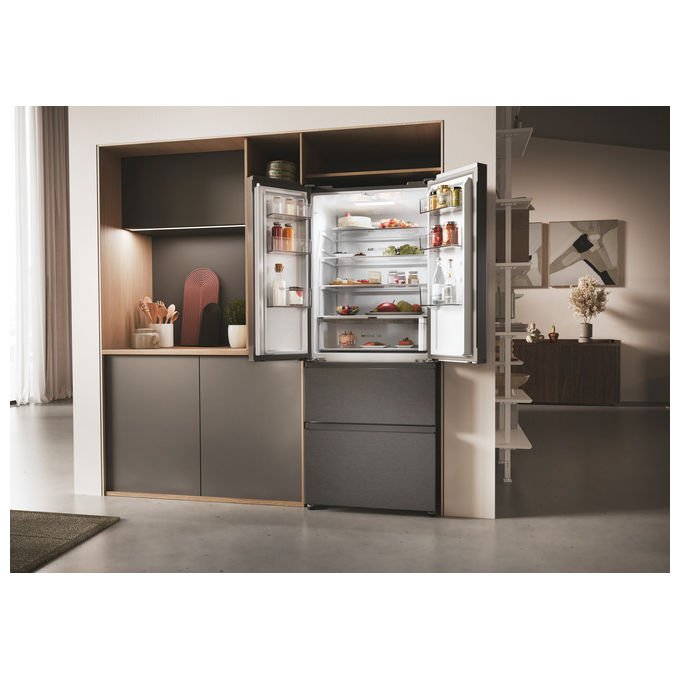 Haier frigorifero french door HFR3718ENMD, 402 L, no frost, multi-airflow, zona fresca, 4 porte, classe E, acciaio inox