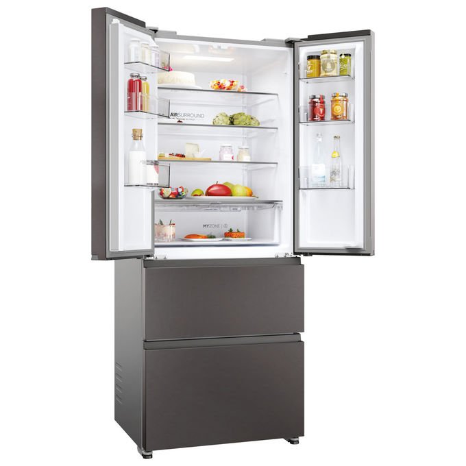 Haier frigorifero french door HFR3718ENMD, 402 L, no frost, multi-airflow, zona fresca, 4 porte, classe E, acciaio inox