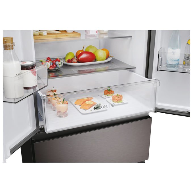 Haier frigorifero french door HFR3718ENMD, 402 L, no frost, multi-airflow, zona fresca, 4 porte, classe E, acciaio inox