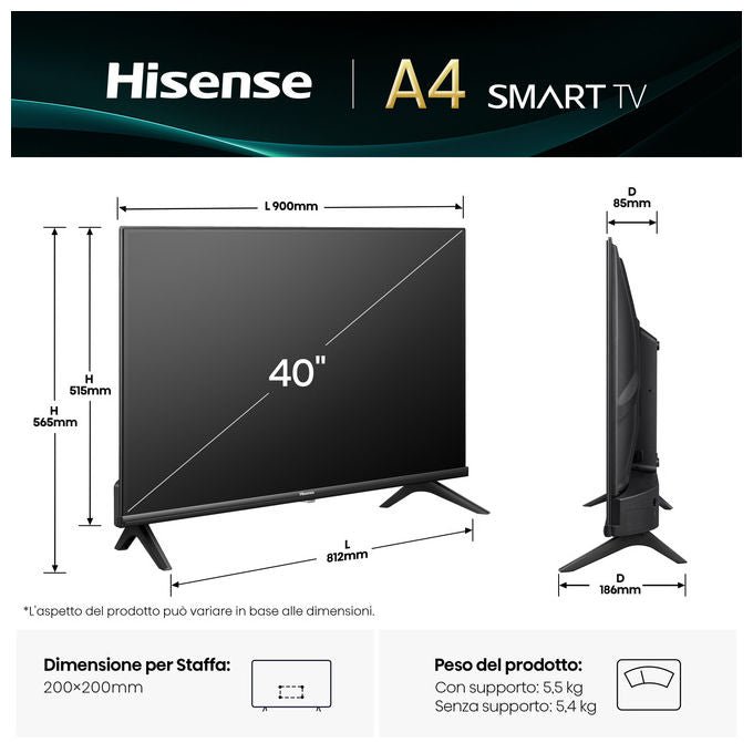 Hisense smart tv 40 pollici, Full HD, DLED, 40A4Q, VIDAA, Dolby Audio, Game Mode, Wi-Fi, DVB-T2, nero