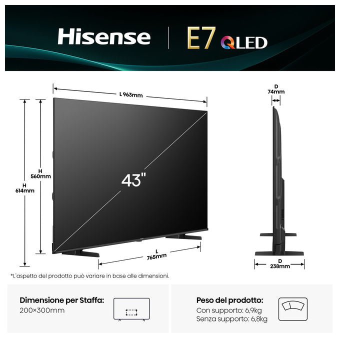 Hisense smart tv QLED 43 pollici 4K Ultra HD, 43E7Q, Dolby Vision e Atmos, VIDAA, VRR, ALLM, Wi-Fi, nero