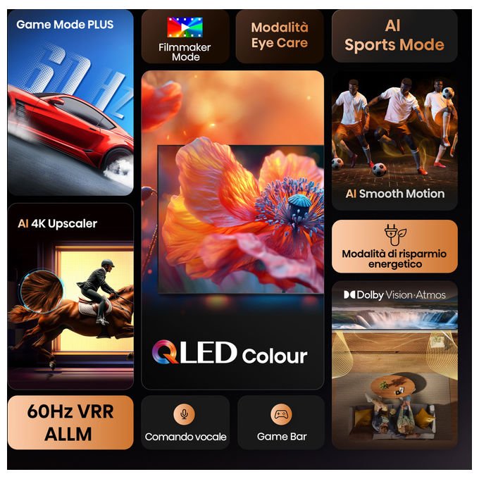 Hisense smart tv QLED 43 pollici 4K Ultra HD, 43E7Q, Dolby Vision e Atmos, VIDAA, VRR, ALLM, Wi-Fi, nero