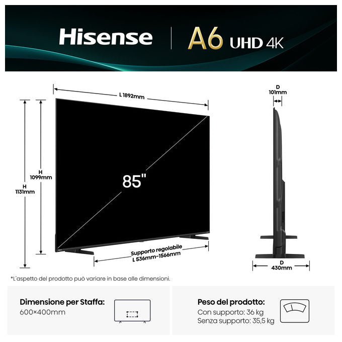 Hisense smart tv 85 pollici 4K, 85A6Q, Direct-LED, Dolby Vision, HDR10+, VIDAA, Game Mode Plus, Wi-Fi, Bluetooth