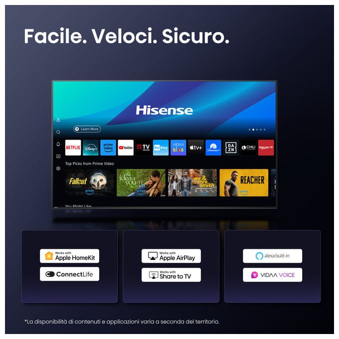 Hisense smart tv 85 pollici 4K, 85A6Q, Direct-LED, Dolby Vision, HDR10+, VIDAA, Game Mode Plus, Wi-Fi, Bluetooth