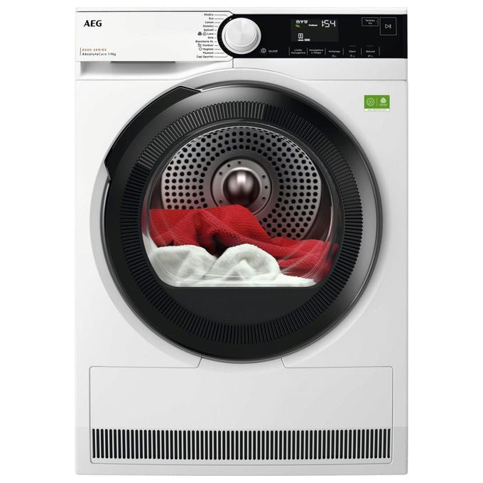 AEG asciugatrice Serie 8000 AbsoluteCare TR8HD9B, pompa di calore, 9 kg, classe B, motore inverter, libera installazione, bianco