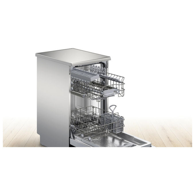 Bosch lavastoviglie a libera installazione 45 cm, SPS2HKI55E, acciaio anti-impronte, classe D, Home Connect, cestello regolabile