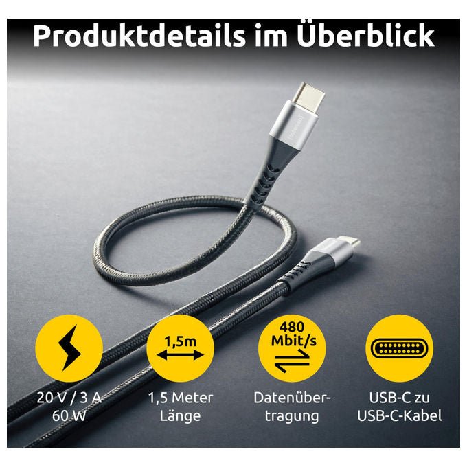 Intenso cavo USB-C a USB-C C315C, 60 W Power Delivery, ricarica rapida, 1,5 m, nylon intrecciato, nero
