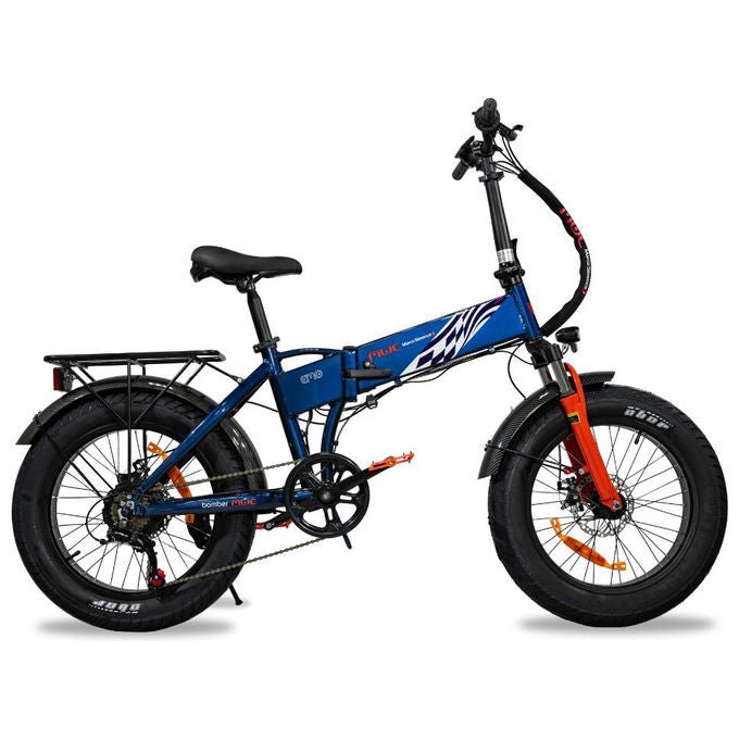 Emg Bomber MWC, bicicletta elettrica pieghevole, motore 250W, batteria 36V 10Ah, ruote 20'' fat, cambio Shimano 6V, blu