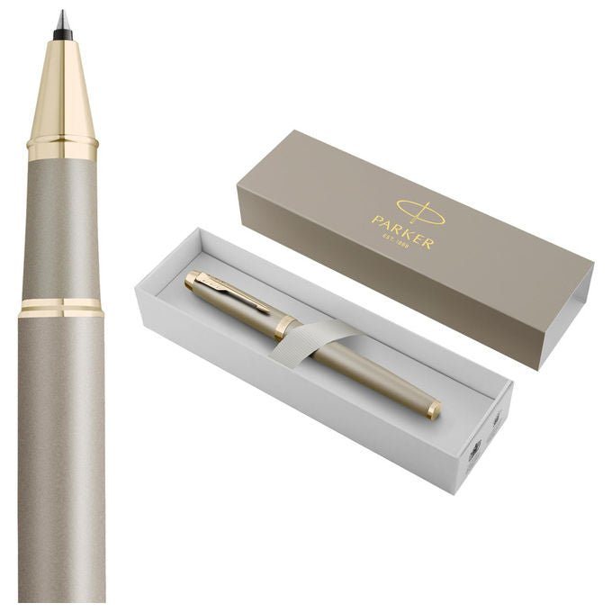 Parker penna roller IM Finishing Touch, finitura arenaria, accenti champagne, inchiostro nero, punta media, confezione regalo