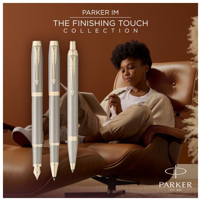 Parker penna roller IM Finishing Touch, finitura arenaria, accenti champagne, inchiostro nero, punta media, confezione regalo