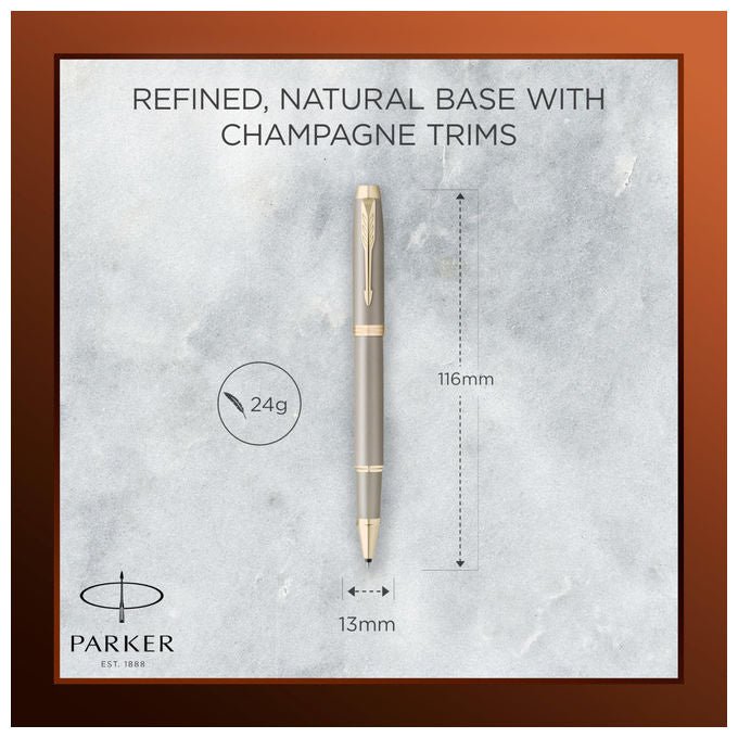 Parker penna roller IM Finishing Touch, finitura arenaria, accenti champagne, inchiostro nero, punta media, confezione regalo