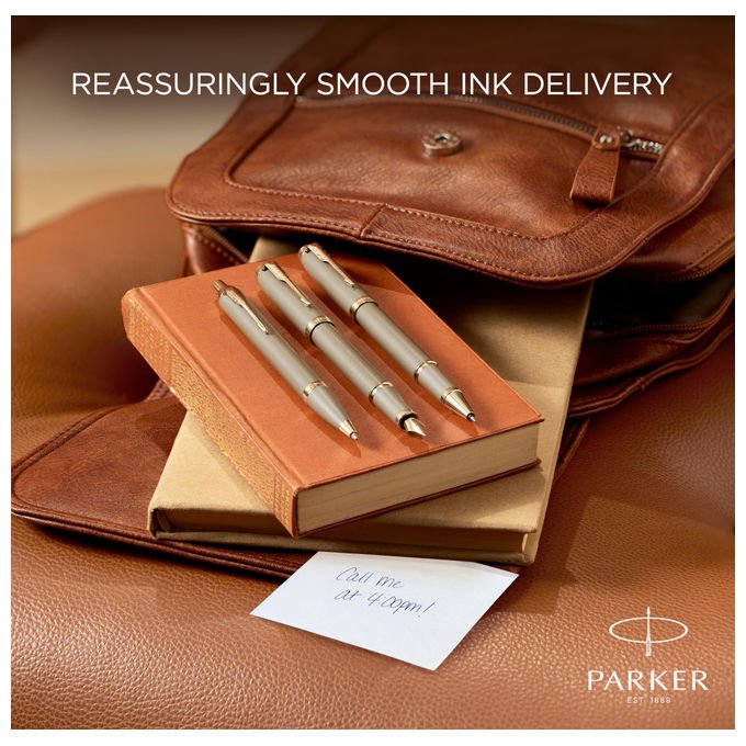 Parker penna roller IM Finishing Touch, finitura arenaria, accenti champagne, inchiostro nero, punta media, confezione regalo