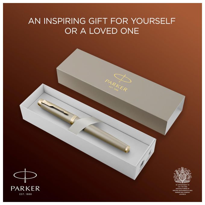 Parker penna roller IM Finishing Touch, finitura arenaria, accenti champagne, inchiostro nero, punta media, confezione regalo