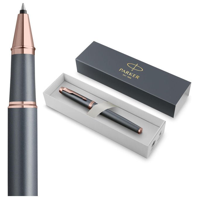 Parker IM penna roller, finitura ardesia, punta conica, inchiostro blu, cappuccio a pressione, confezione regalo