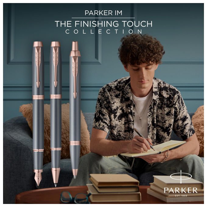 Parker IM penna roller, finitura ardesia, punta conica, inchiostro blu, cappuccio a pressione, confezione regalo