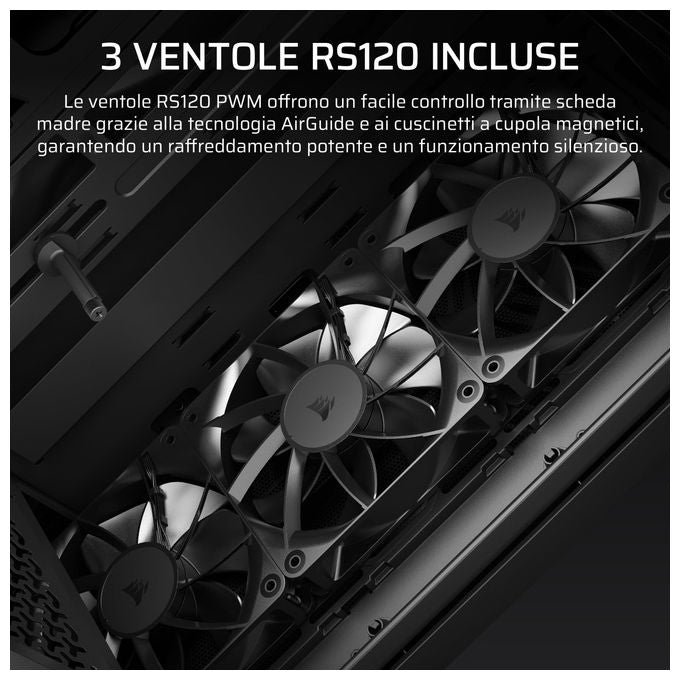 Corsair 3200D RS, case PC mid tower, 3 ventole RS120 incluse, radiatore 360 mm, scheda madre connessione inversa, vetro temperato, nero