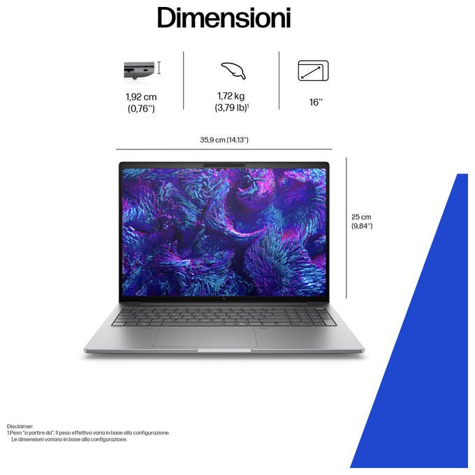 HP ZBook 8 G1i, workstation mobile 16'' WUXGA, Intel Core Ultra 9 285H, 32 GB DDR5, 1 TB SSD, Nvidia RTX 500 Ada, Wi-Fi 7, Windows 11 Pro
