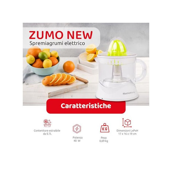 Melchioni spremiagrumi elettrico Zumo New, 40W, contenitore 0,7L, doppio movimento rotazione, bianco