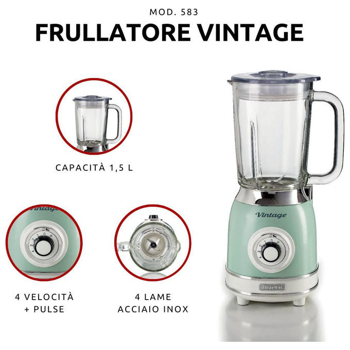 Ariete frullatore vintage 583, tazza in vetro 1,5 litri, 1000w, 4 lame acciaio inox, 4 velocita' e pulse, tritaghiaccio, verde