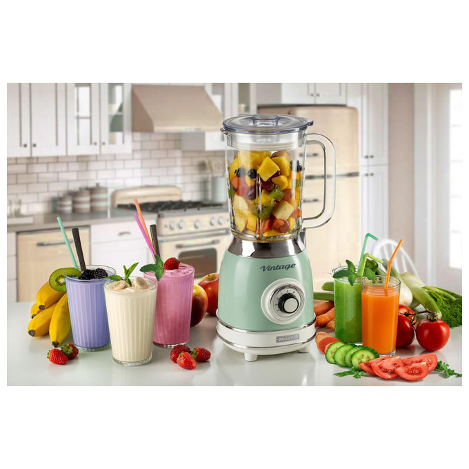 Ariete frullatore vintage 583, tazza in vetro 1,5 litri, 1000w, 4 lame acciaio inox, 4 velocita' e pulse, tritaghiaccio, verde