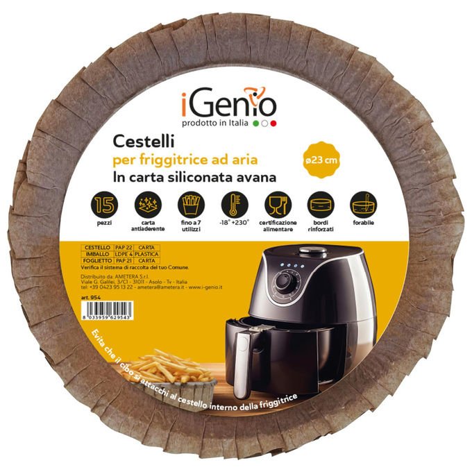 Igenio cestelli in carta siliconata per friggitrice ad aria, Ø 23 cm, 15 pezzi, riutilizzabili fino a 7 volte, bordi rinforzati, certificati uso alimentare