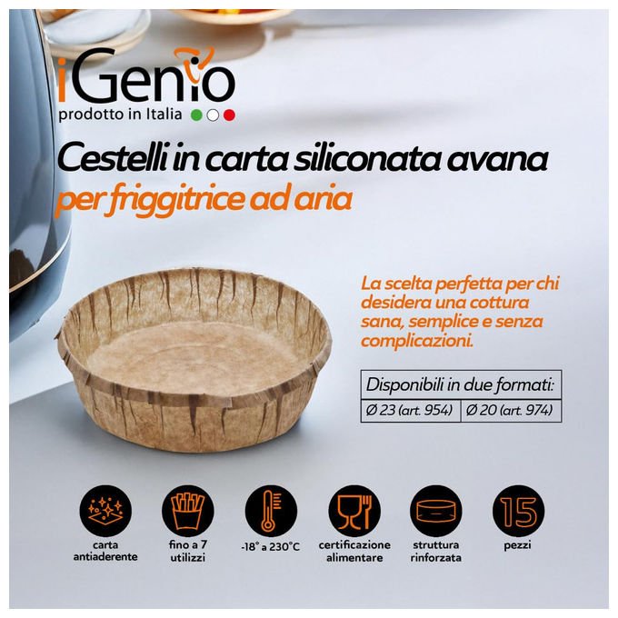 Igenio cestelli in carta siliconata per friggitrice ad aria, Ø 23 cm, 15 pezzi, riutilizzabili fino a 7 volte, bordi rinforzati, certificati uso alimentare