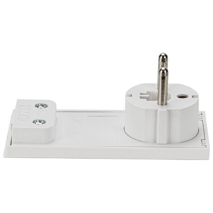 Fanton spina Schuko salvaspazio 2P+T 16A, smontabile angolata, modello Clock 80150, bianco, 250V, IP20